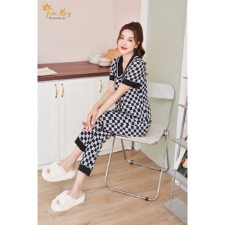Bộ Lụa Ngắn Tay Quần Dài Ô Vuông Đen Trắng Cổ Sen 10, ForMe Pijama