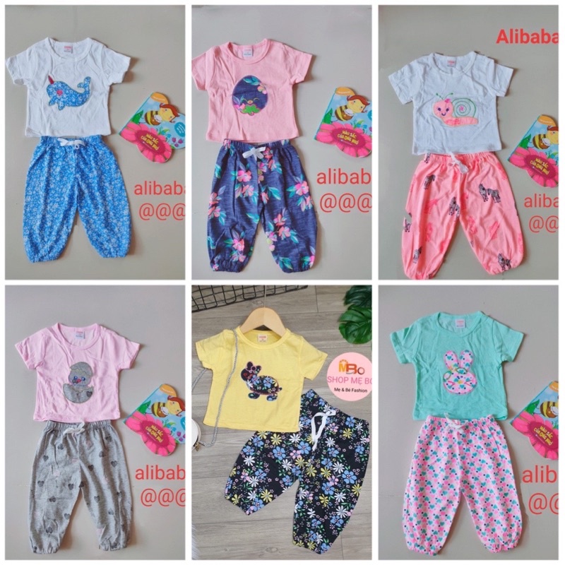 6-9kg Bộ thun alibaba tay ngắn quần dúng bé gái thun coton xuất dư đẹp 146