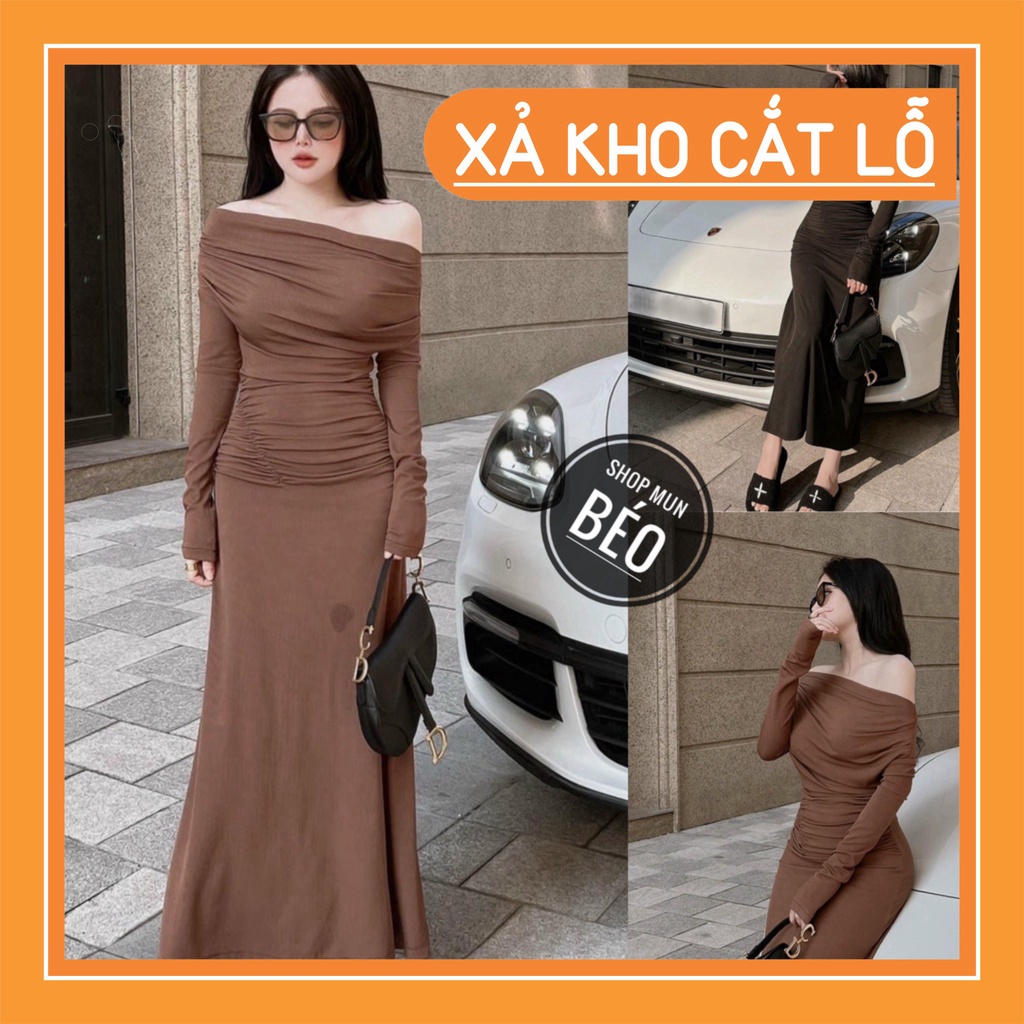 SALE SẬP SÀN Đầm trễ vai phom dài bẹ to nhún sườn chất thun gân co giãn thích hợp mặc đi tiệc đi làm đi chơi .