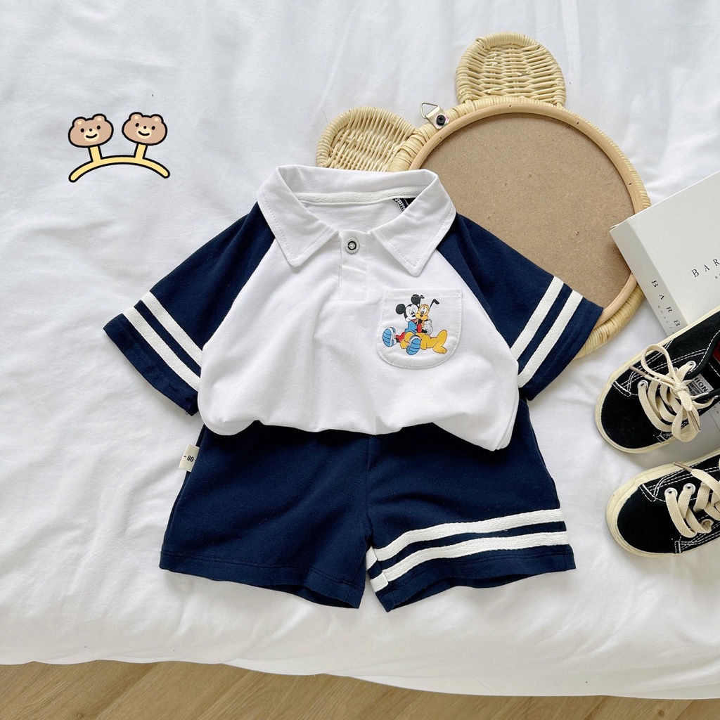 Bộ polo cotton cộc tay phối kẻ Mozi cho bé trai bé gái