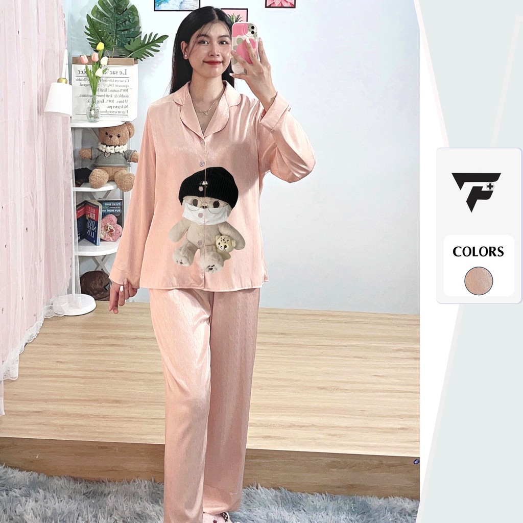 Bộ pijama TƠ TẰM ÁNH KIM T1 in hình gấu cute mặc nhà mặc ngủ tay dài quần dài