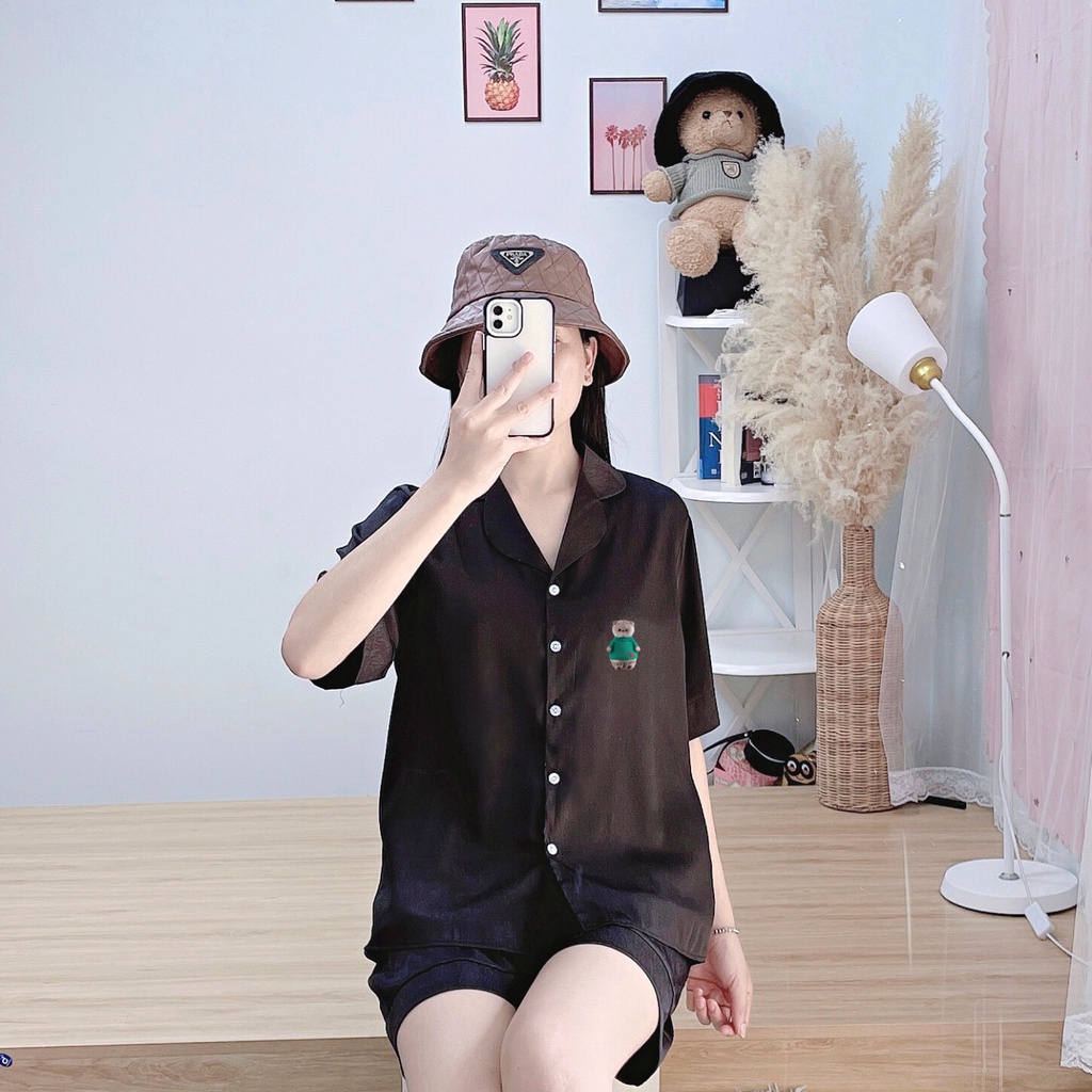 Bộ pijama đùi tơ tằm ÁNH KIM D4 mặc nhà mặc ngủ in hình chú mèo dễ thương FPLUS PJM