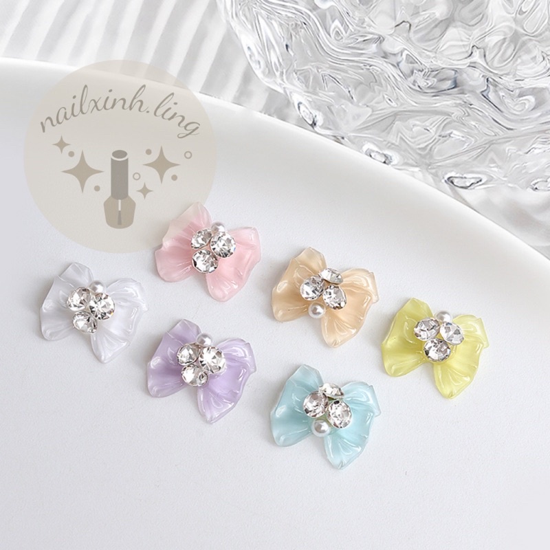 Charm Nơ Nhựa Màu Thạch Kim Tuyến Trang Trí Móng Hàn C9, Phụ Kiện Hạt Ngọc Trai / Nơ / Trái Tim Nhiều Màu Trang Trí Móng