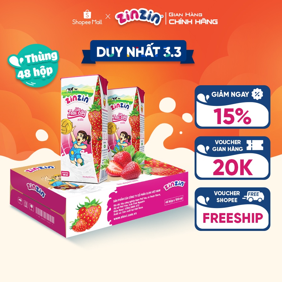 Thùng 48 hộp Sữa trái cây ZinZin vị dâu 180ml - Siêu ưu đãi
