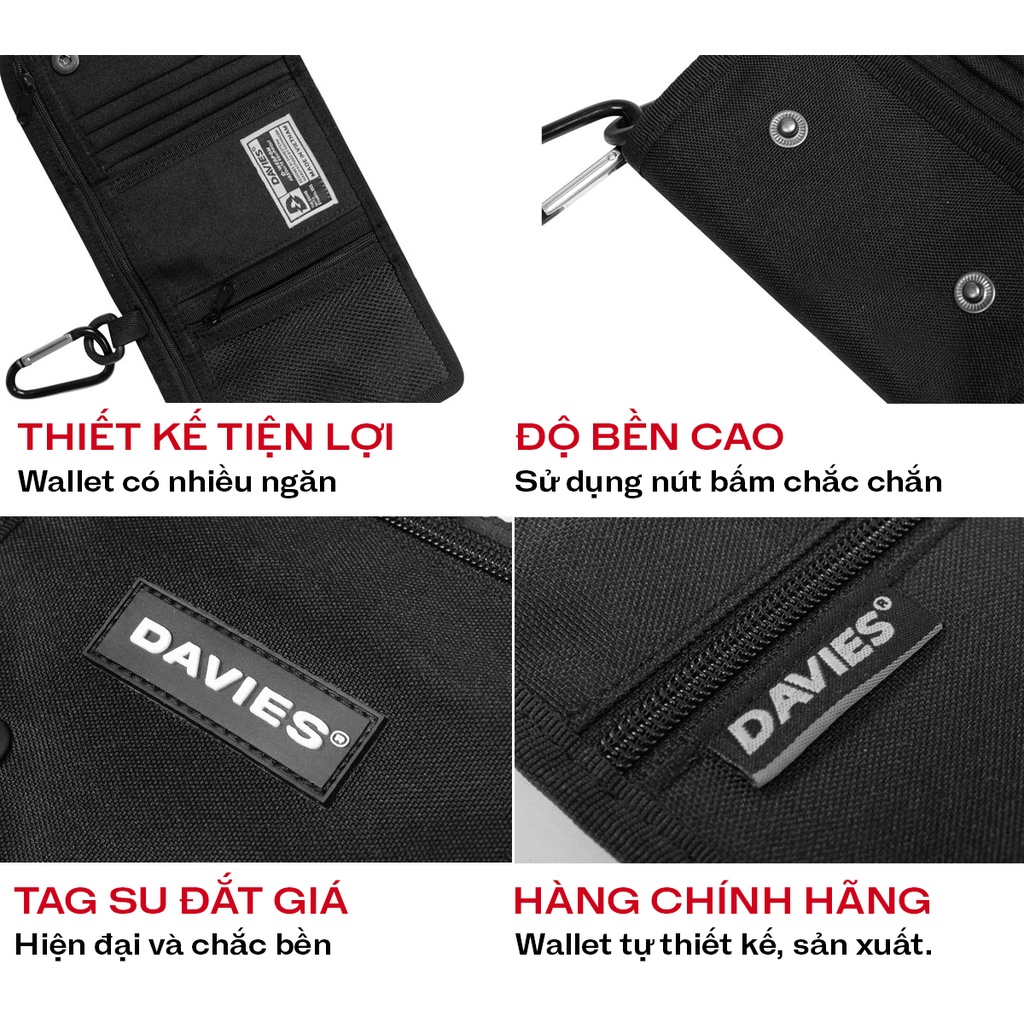 Ví cầm tay local brand nhiều ngăn DAVIES nam nữ vải canvas, da chống nước màu đen Tactical Wallet I D-V40 & D-V59