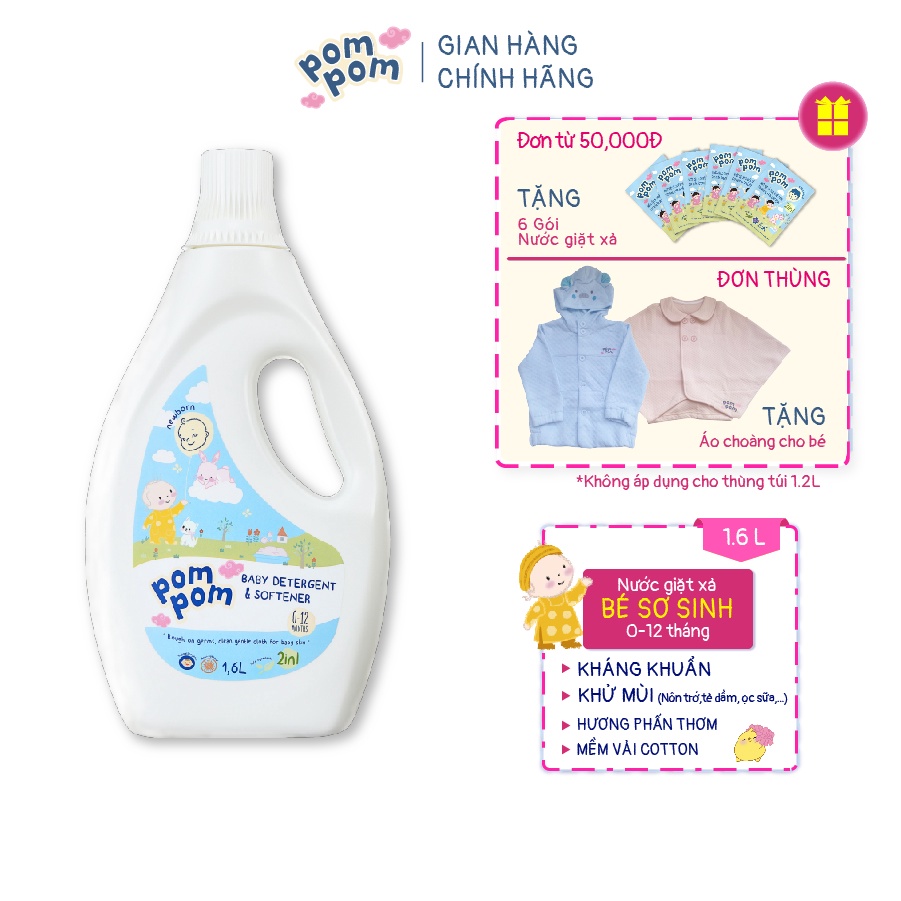 Nước Giặt Xả Cho Bé Sơ Sinh Pom Pom Hương Phấn Thơm Loại Bỏ Hoàn Toàn Vi Khuẩn Mùi hôi Chất Nôn Chai Newborn 1.6L