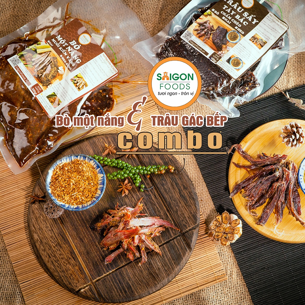 COMBO 1 (1kg Trâu gác bếp + 1kg Bò một nắng) - Loại 1 - Tặng chẩm chéo và muối kiến vàng - [Giao hàng toàn quốc]