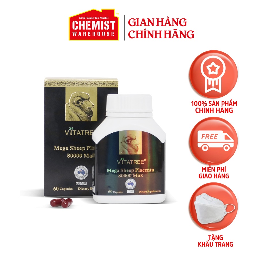 Viên uống bổ sung nhau thai cừu Vitatree Mega Placenta 80000 max chống lão hóa, trẻ hóa da 60 viên