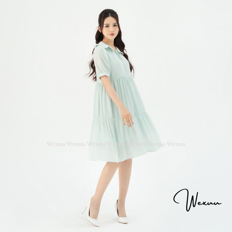 Đầm nữ babydoll cổ bèo buộc nơ chất tơ lót lụa cao cấp Wexuu, thiết kế dáng xòe nhẹ nhàng tiểu thư thanh lịch- V18