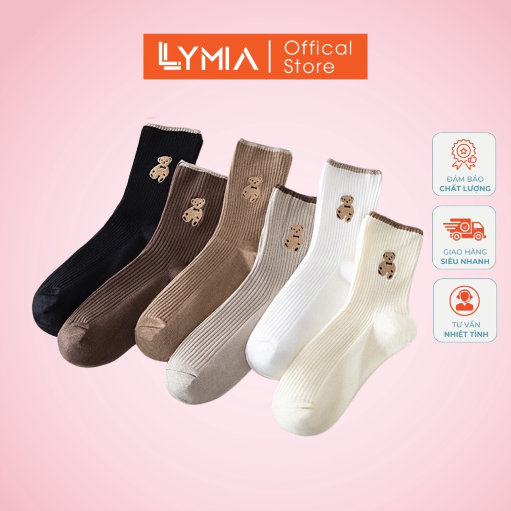 Set 5 đôi tất nữ LYMIA cổ cao hình gấu nâu len gân tăm BT5