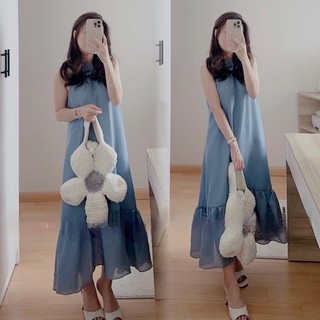 ĐẦM MAXI SUÔNG XANH CỔ YẾM ĐUÔI CÁ