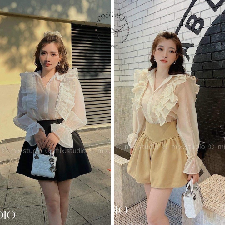 Áo Sơ Mi Nữ Tiểu Thư Tay Bồng Kết Hợp Với Chân Váy Sếp Ly Phong Cách Tiểu Thư dieuanh_5202