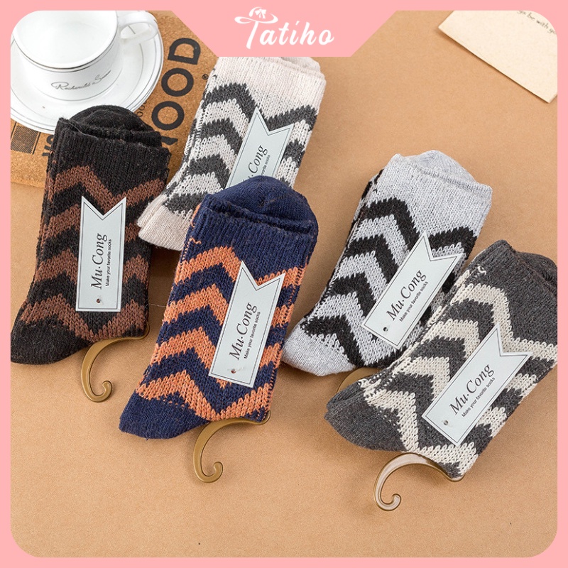 Vớ Tất cổ cao unisex nam nữ chất liệu len dệt mềm mịn họa tiết sóng phong cách vintage thời trang thu đông - mã TV032