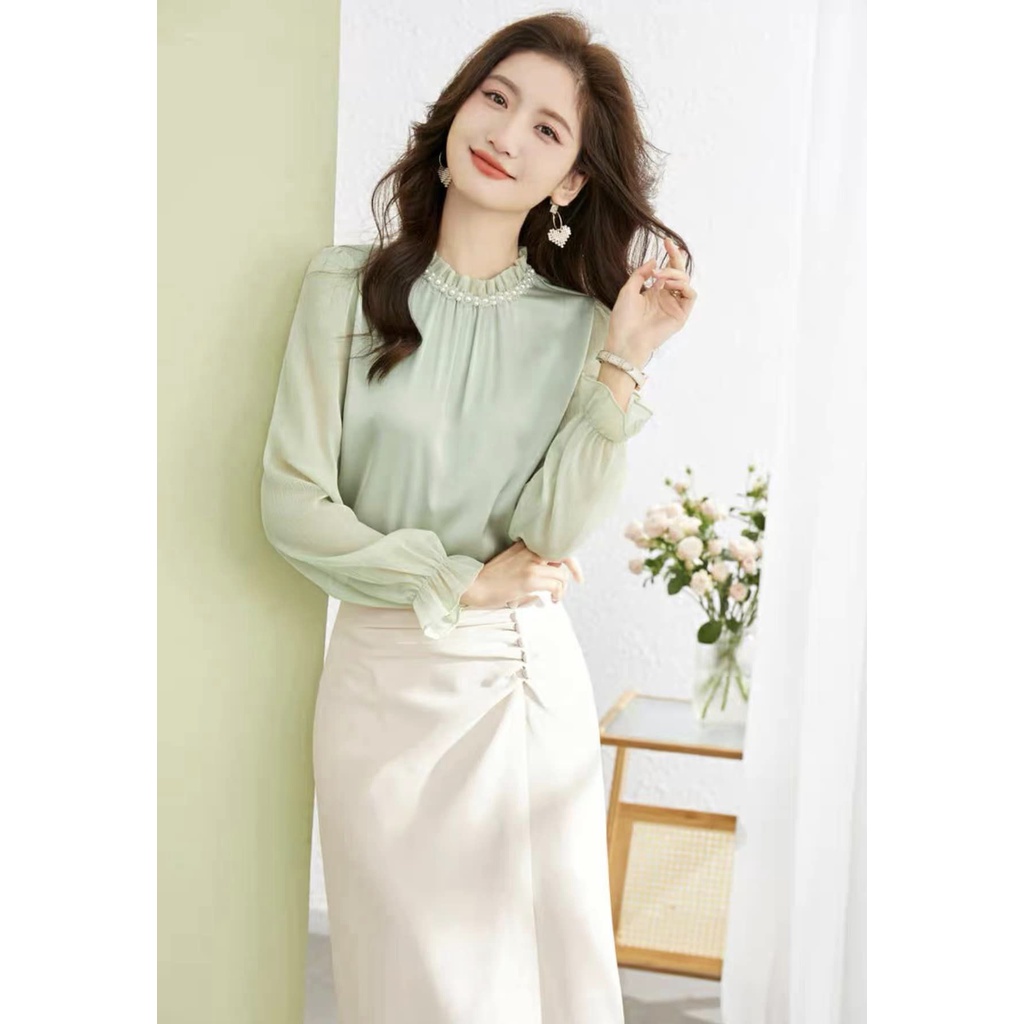Áo Sơ Mi Trung Niên Nữ U30 U40 U50, Áo Nữ Công Sở Cổ Nhún Đính Hạt Cao Cấp Trẻ Trun,Thời Trang Công Sở_Store