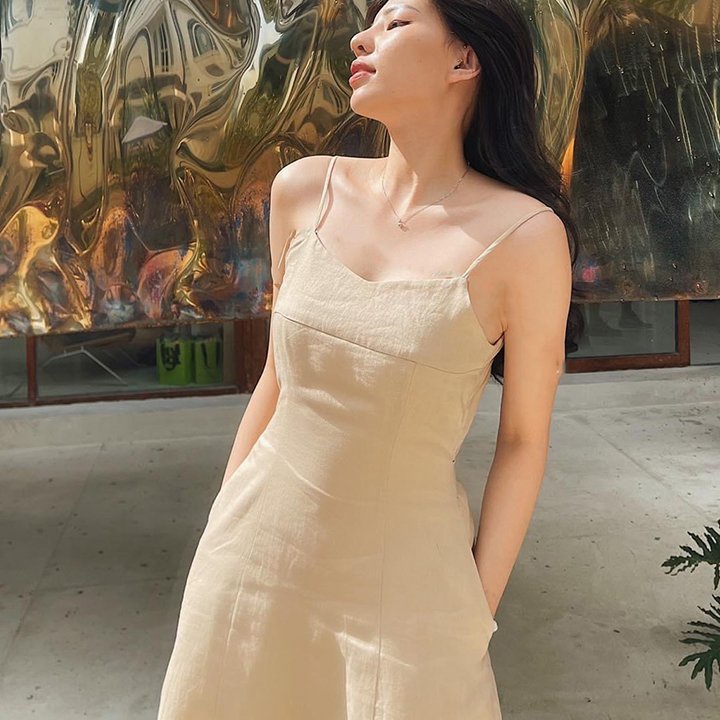(TỔNG KHO LÂM ANH CHUYÊN SỈ) Đầm xòe Linen Hàn 2 dây đi biển trẻ trung, chất vải Linen Hàn mềm mát (Be Kaki)