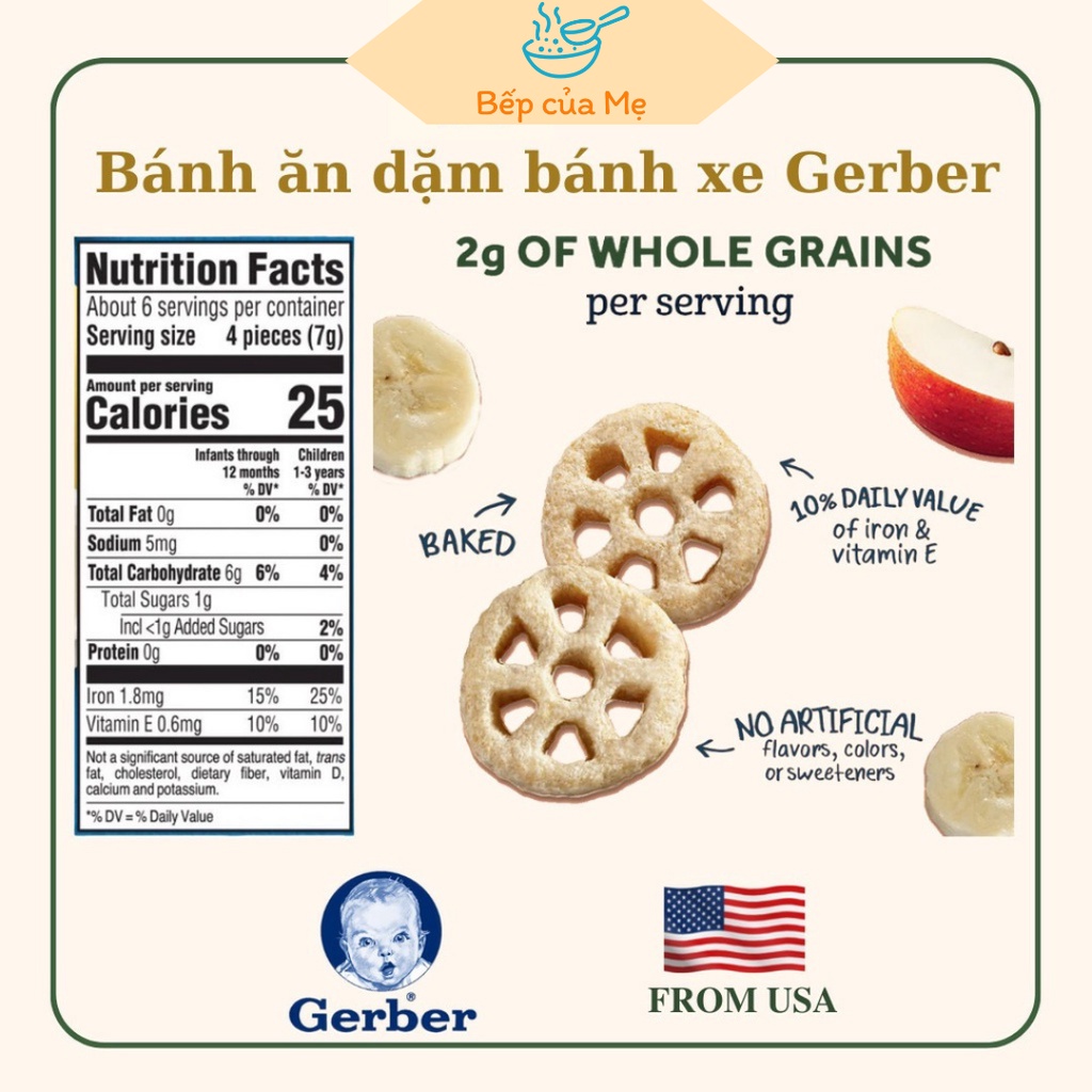 Bánh ăn dặm cho bé từ 8 tháng Gerber lùn của Mỹ, Bánh gạo cho bé ăn dặm hữu cơ, date mới, Shop Bếp Của Mẹ.