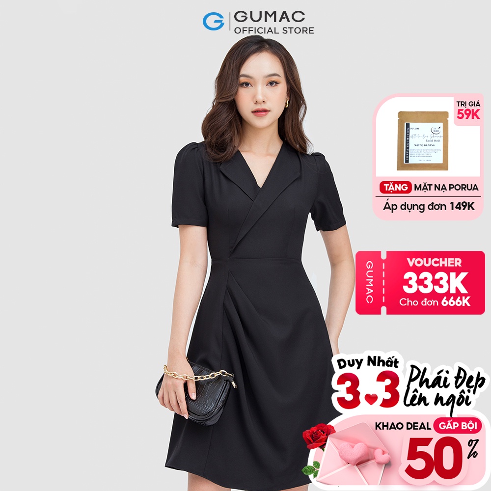 Đầm nữ thời trang GUMAC màu đen dáng chữ A phối cổ vest DC05010