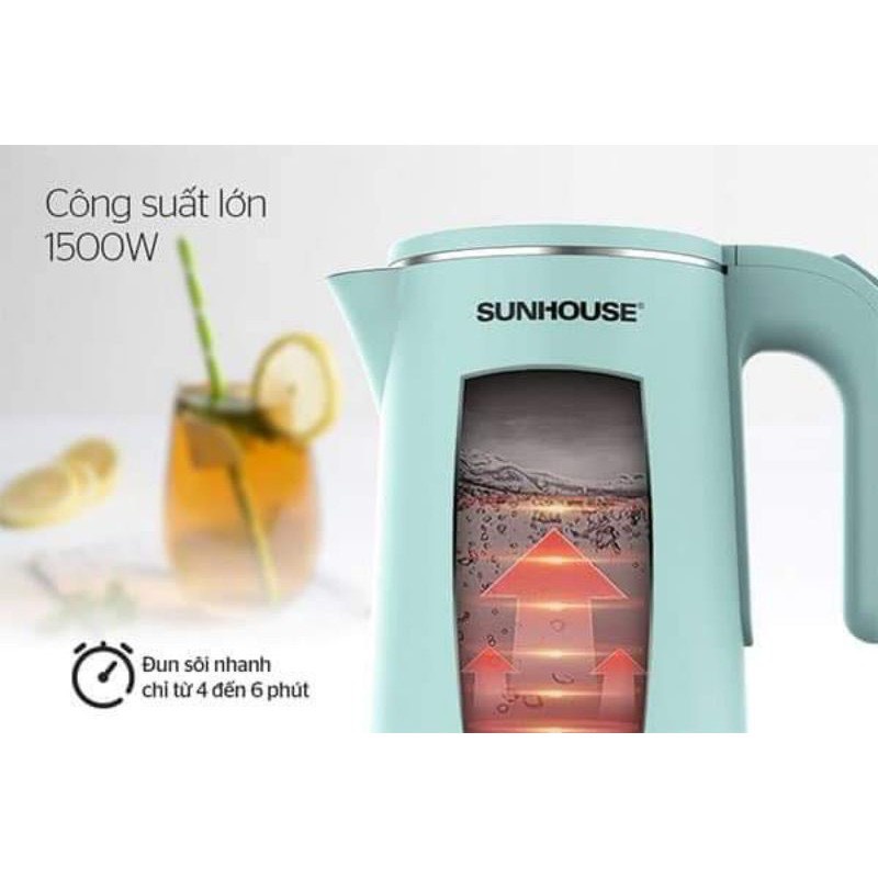 Ấm siêu tốc inox 2 lớp Sunhouse dung tích 1.8 lít bảo hành chính hãng toàn quốc 12 tháng Cao Cấp