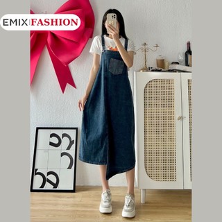 [Mã BMLT35 giảm đến 35K đơn 99K] Váy yếm bò nữ dài qua gối xẻ lệch trước EMIX, yếm jeans midi form rộng, túi ngược 8411
