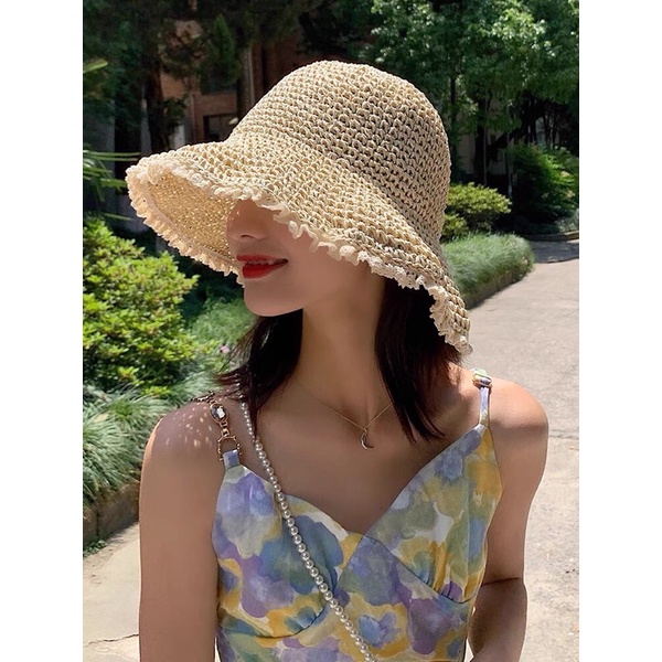 Mũ nón cói vành phối ren đi biển hè cho mẹ và bé MCL06