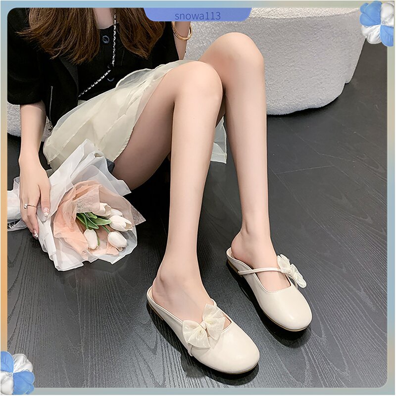 Bán nóng Mùa Hè Phẳng Nửa Dép Cho Bé Gái Nơ Trang Trí Đầu Tròn Màu Nguyên Chất Mềm Mại Gót Thấp Dự Tiệc Mua Sắm