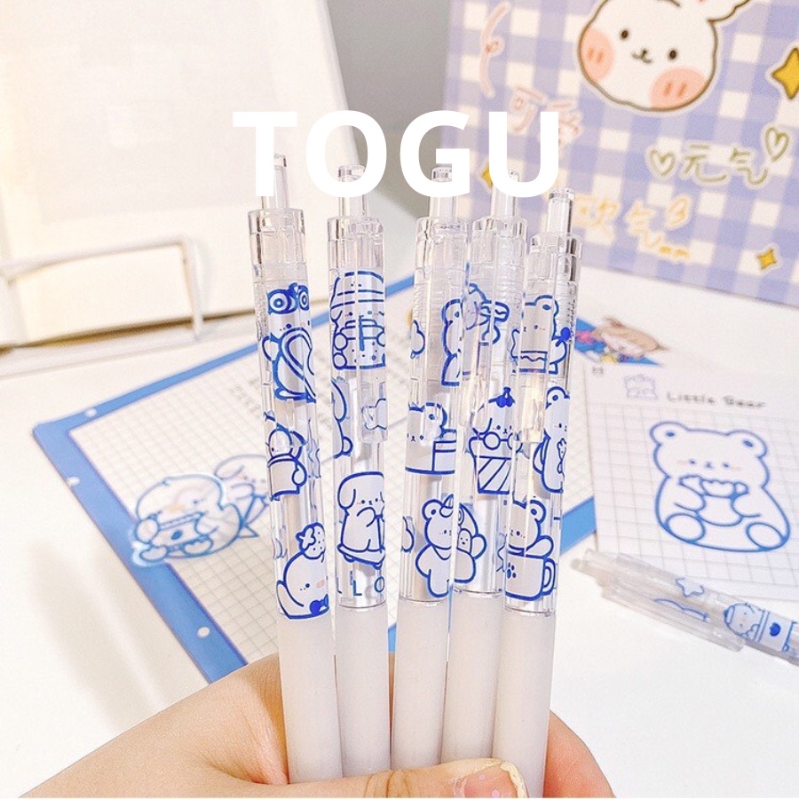 Bút bi bấm hình gấu cute TOGU bút viết trong suốt in hình sticker mực mau khô ngòi 0.5mm ruột bút dễ thay