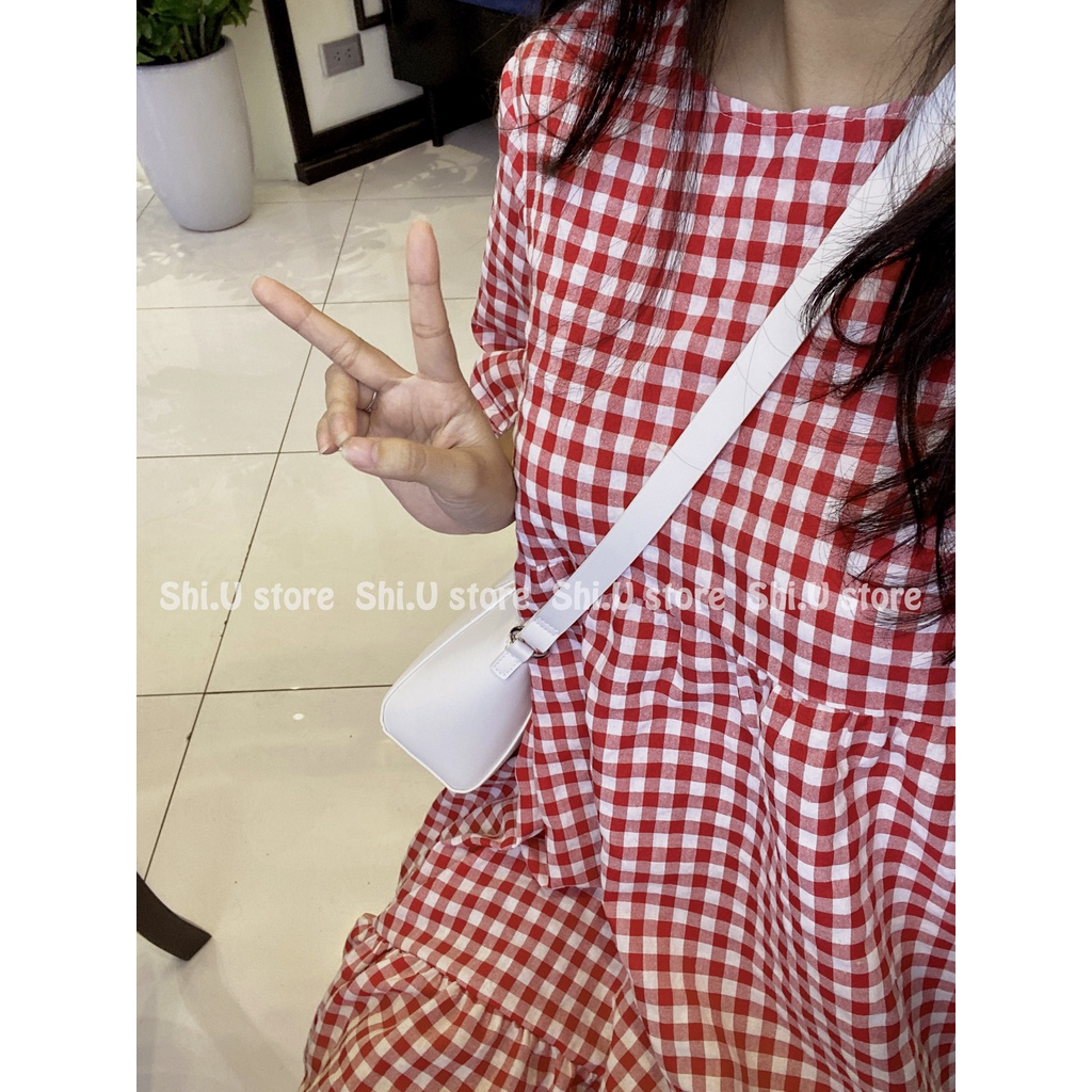 Váy babydoll tay bồng kẻ sọc caro xếp ly dáng dài cúc lưng dây buộc eo vintage phong cách Hàn Quốc