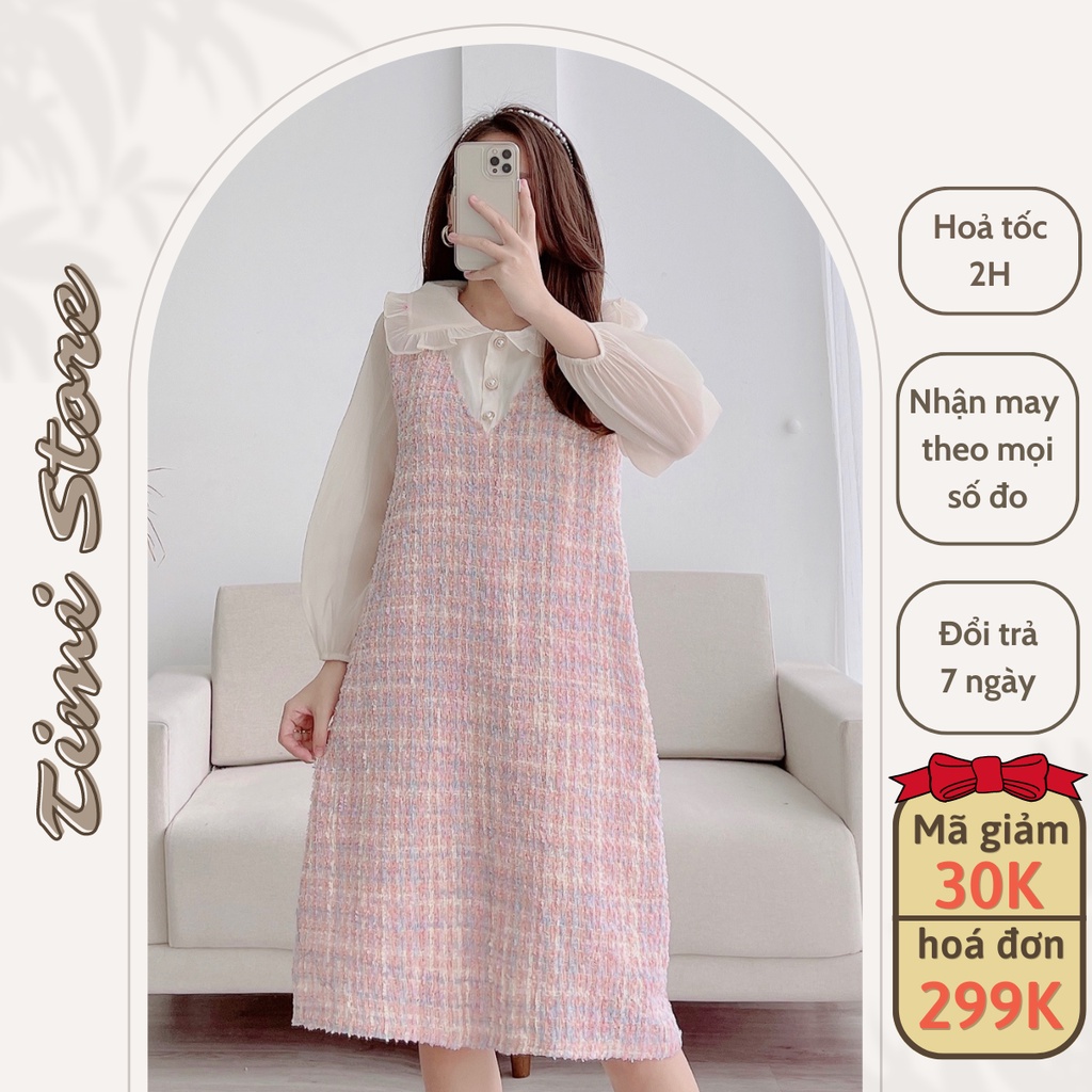 Váy Bầu Thu Đông dạ tweed 2 lớp giả yếm phối tay organza siêu xinh 3 màu size từ 40-120kg GM057