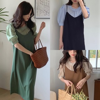 (ORDER) Set váy hai dây suông dài nhẹ nhàng điệu đà màu sắc đơn giản+ Áo sơ mi tay phồng Hàn Quốc