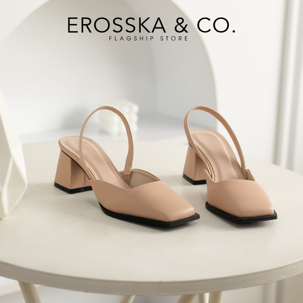 Erosska - Giày cao gót mũi vuông phối dây quai mảnh trẻ trung màu nude - EL026