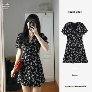 Váy hoa nhí chất voan cát, đầm voan hoa cổ V màu đen thời trang mùa hè