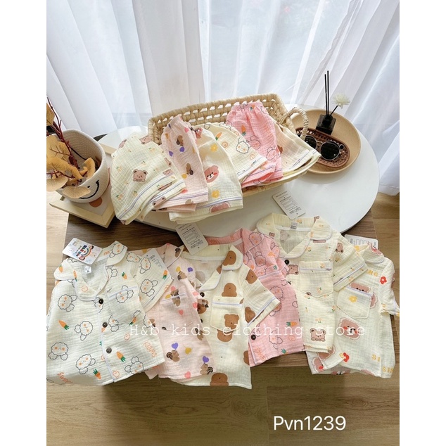 Bộ Áo Cộc Tay Xô Muslin, Bộ Pijama Hoạ Tiết Gấu Nâu, Thỏ Cà Rốt, Gấu Hồng Cho Bé Trai, Bé Gái - 6 Màu