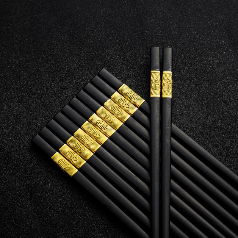 Bộ 10 đôi đũa ăn nấu bếp đen hợp kim sợi thủy tinh đầu mạ vàng chịu nhiệt chống trơn mốc cho gia đình quán ăn nhà hàng