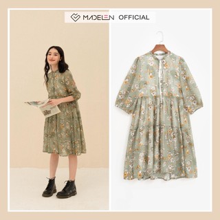 Váy babydoll voan tay lỡ cổ nhún hoa xanh MADELEN