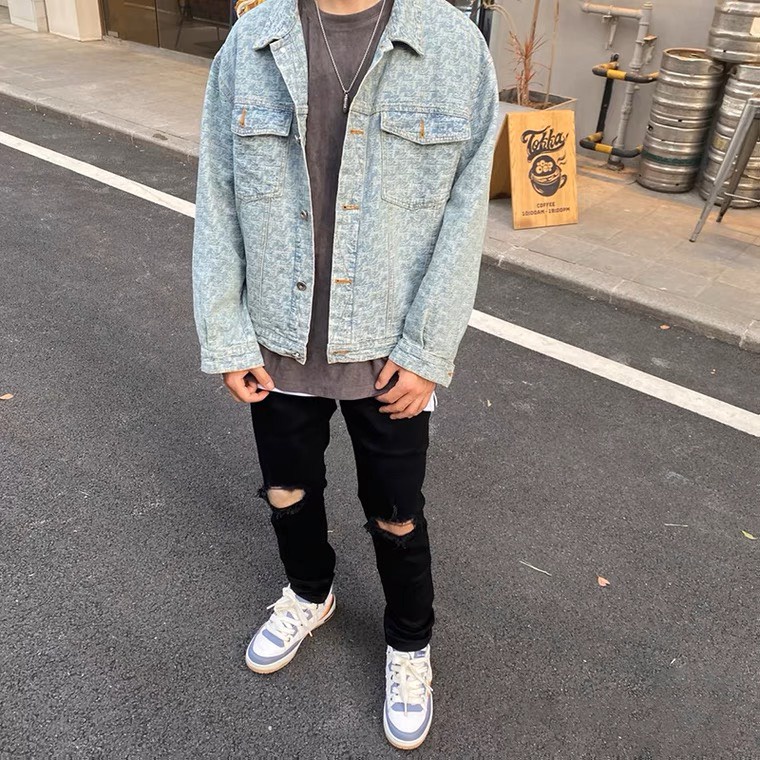 Quần jean nam streetwear cao cấp màu xanh rách gối to form slimfit jean thun co giãn