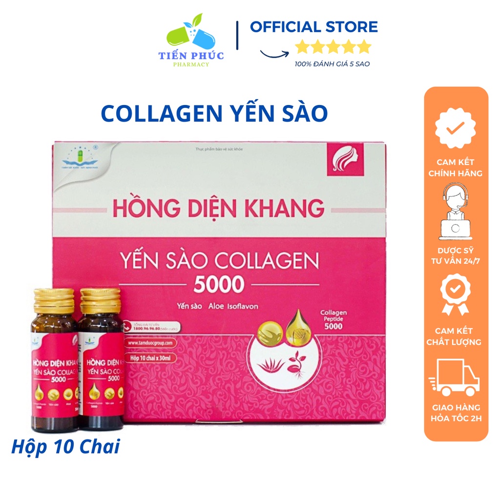 Collagen Nước Hồng Diện Khang Yến Sào Collagen 5000 - Giúp da căng mịn, sáng đẹp, giảm nếp nhăn, nám da  Hộp 10