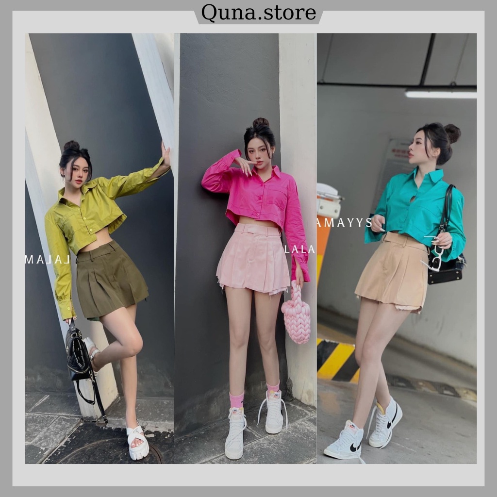 Áo sơ mi thô nến croptop vạt lệch 1 túi dài tay SM28