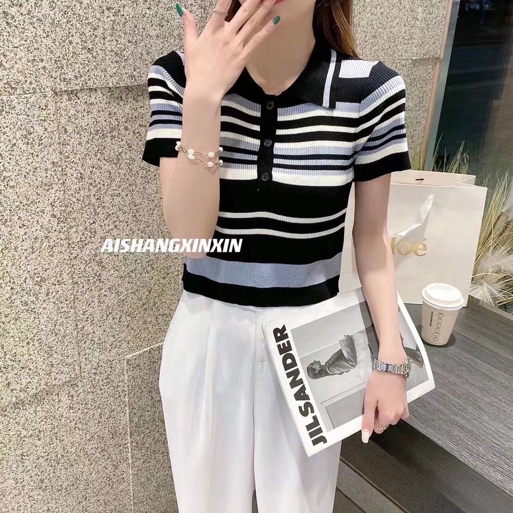 Áo polo Dệt Kim Tay Ngắn Dáng Rộng Kẻ Sọc Kiểu Hàn Quốc Thời Trang