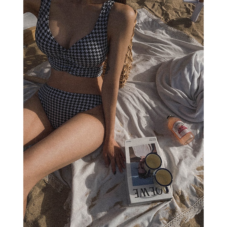 Bikini 2 mảnh đồ bơi đi biển họa tiết ziczac caro đen trắng quần cạp cao che bụng tốt có mút nâng ngực LUHAZO 2809 D-13