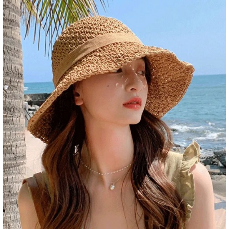 Nón mũ cói đi biển rộng vành nữ Panama gấp gọn thời trang Hàn Quốc