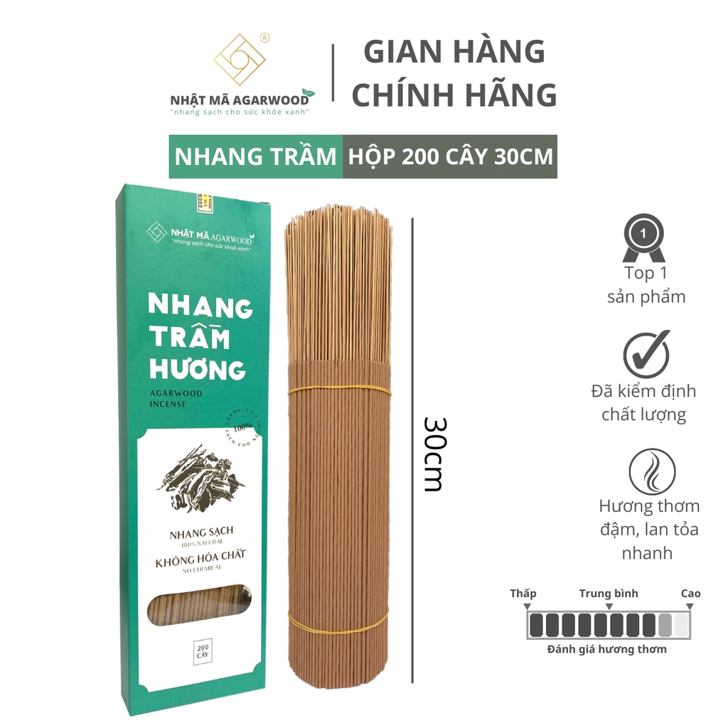 Nhang trầm hương sạch - Nhật Mã Agarwood - Loại cao cấp, hộp 200 cây 30cm tăm mộc