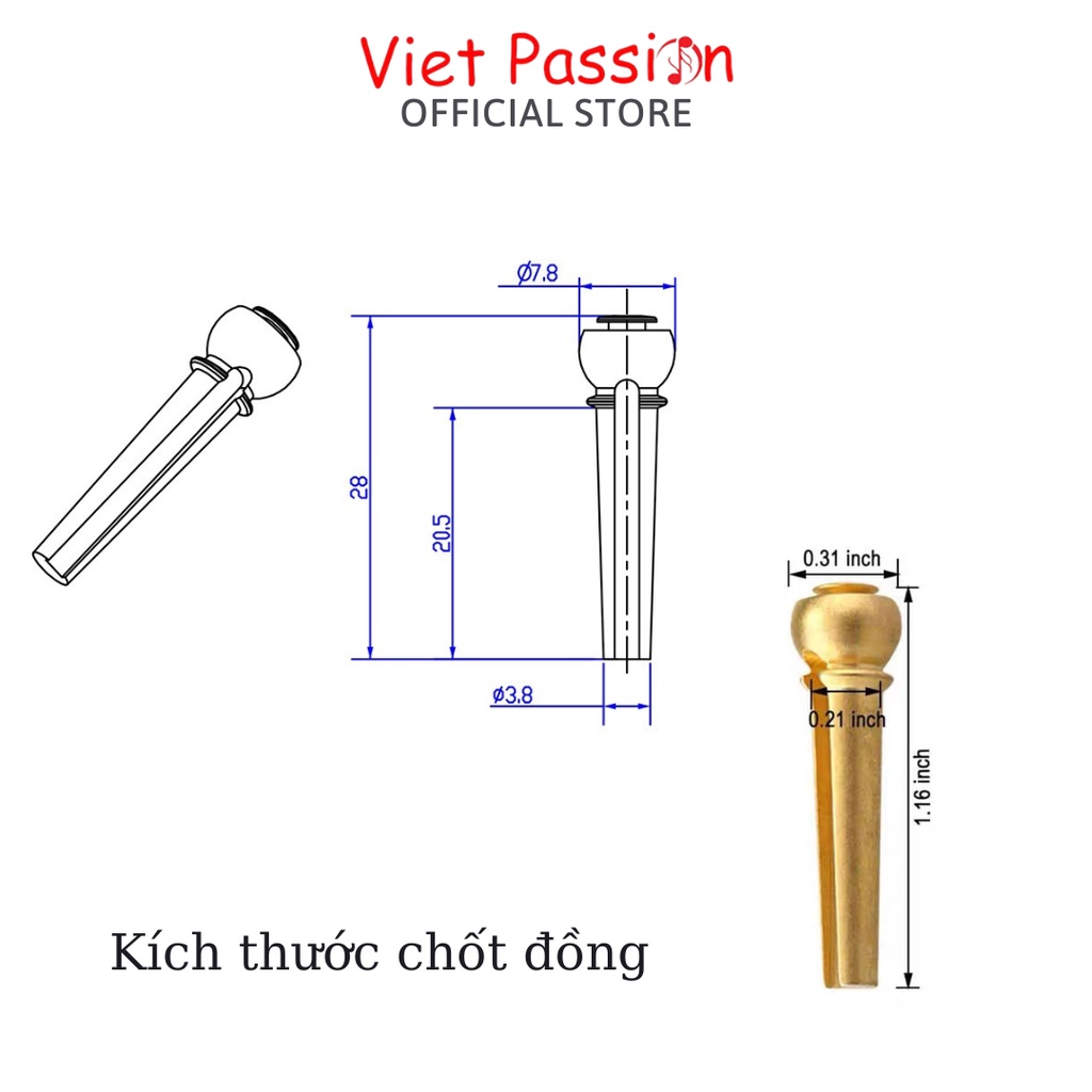 Chốt dây đàn guitar đồng thau nguyên khối đính ngọc cao cấp VietPassion