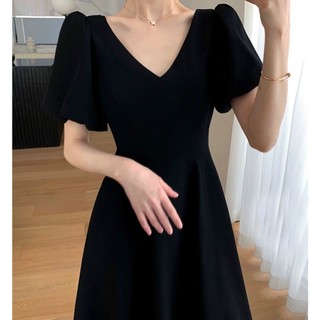 Đầm váy freesize đen cổ V tay phồng