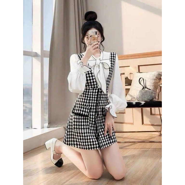 [3.3 Sales Freeship]Set yếm tiểu thư phong cách Hàn Quốc, set yếm váy 2 dây kẻ sọc chất bố dạ phối áo sơ mi trắng bèo dx