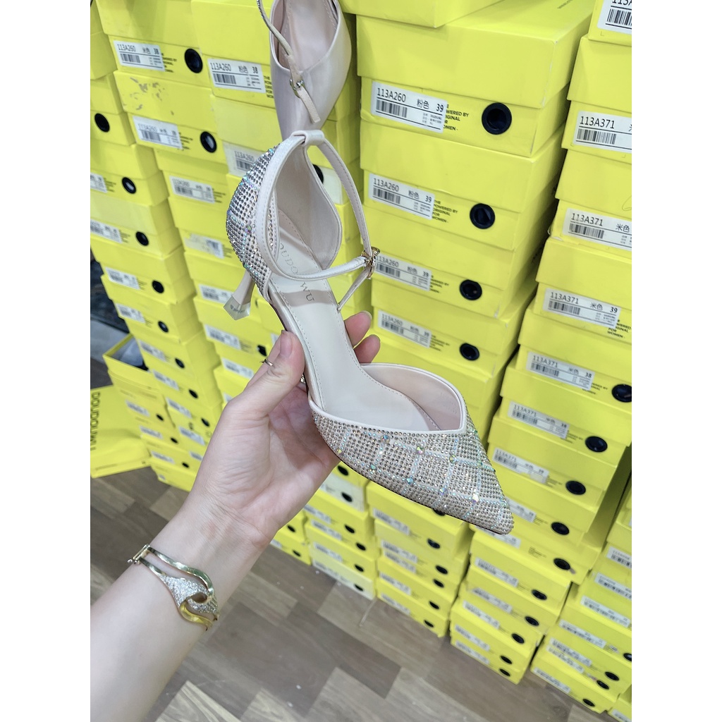 Giày nữ cao gót nhọn 5-7 phân mũi nhọn đính đá quai cài mắt cá hàng Quảng Châu cao cấp full box hãng-Mã BQ0002