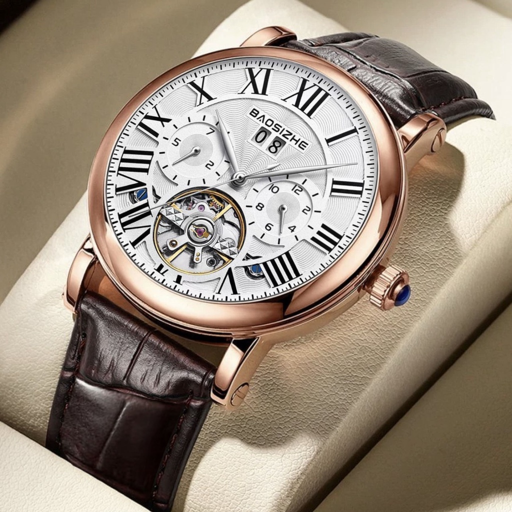 Đồng hồ nam cơ tự động Automatic chính hãng BAOSIZHE chống nước tốt - Dây da cao cấp - Chạy full kim và lịch ngày B005