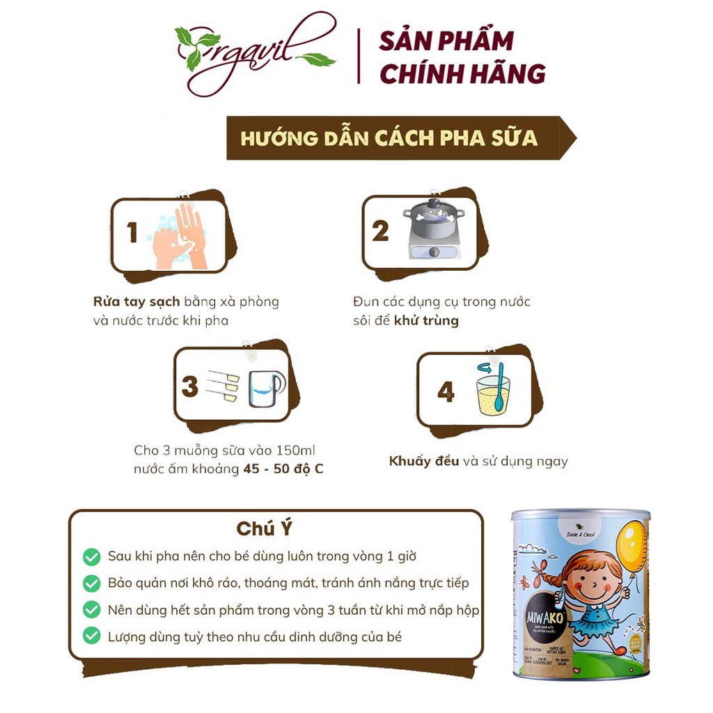 Sữa hạt thực vật hữu cơ Miwako vị gạo hộp 700g dinh dưỡng hoàn chỉnh cho bé và cả gia đình- Orgavil Store