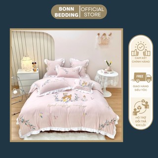 Set chăn ga gối cotton line thêu may viền bèo 4 món