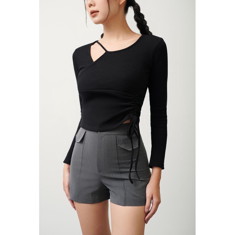 Áo thun tay dài 1 bên cổ cut out 1 bên rút dây thời trang GAGO màu đen GA4285