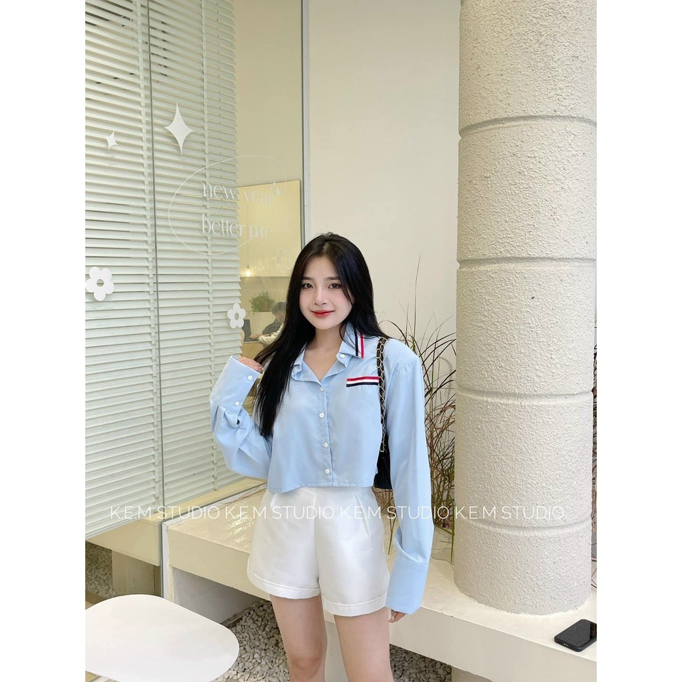 Áo Sơ Mi Dài Tay Dài 2 Màu Trắng Xanh Dương Phong Cách Retro